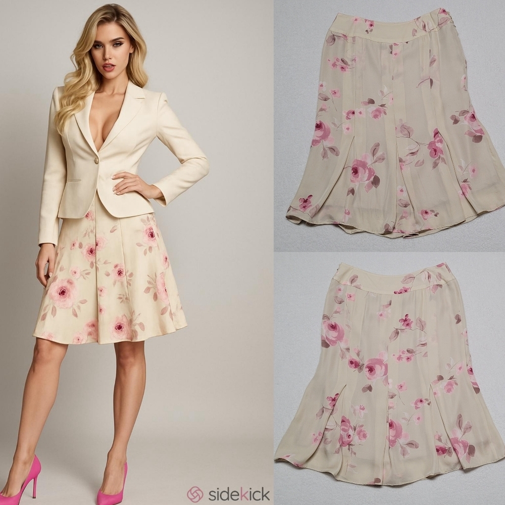 90s Vintage Rena Rowan Cream Pink Floral Silk Box Pleat Fit & Flare Midi Skirt L